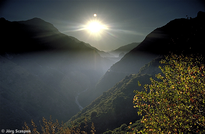 Blick vom Kings Canyon Scenic Byway in den im Gegenlicht liegenden Kings Canyon