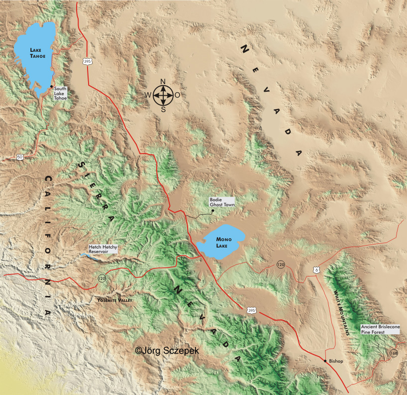 Topographische Karte der Sierra Nevada, Kalaifornien